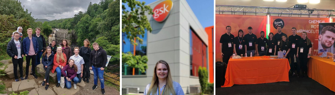 Collage image of the group of placement students, Fleur outside GSK building and placement students at an exhibition