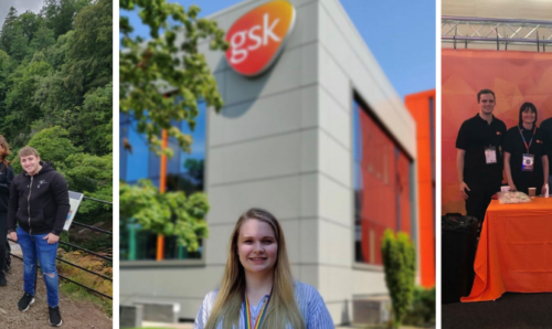 Collage image of the group of placement students, Fleur outside GSK building and placement students at an exhibition