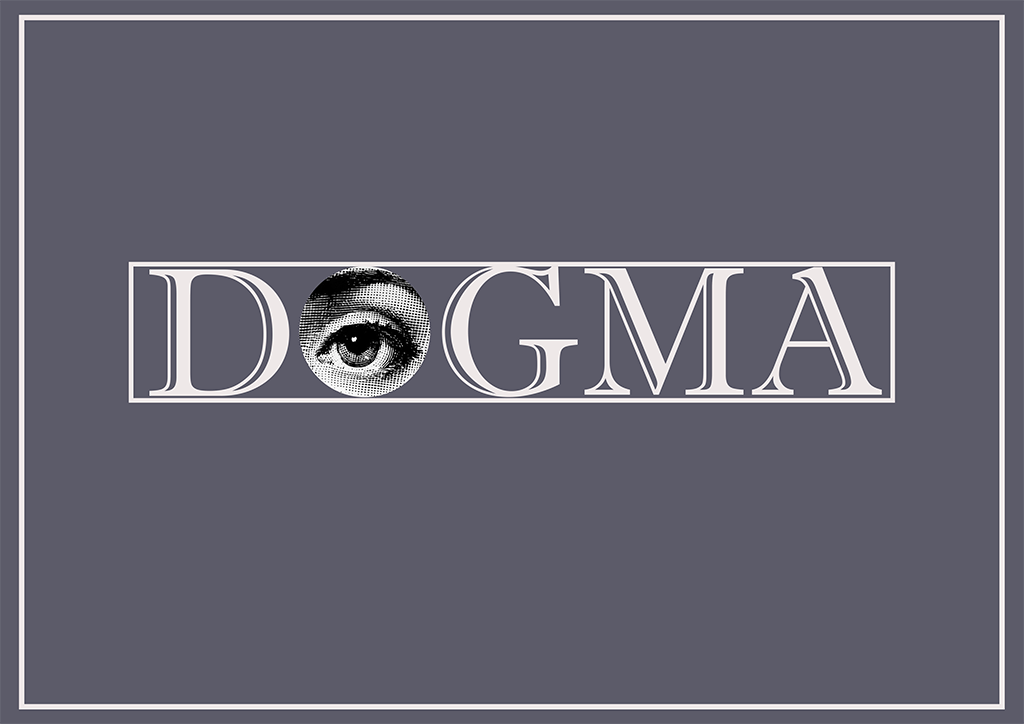 A blue image with Dogma written across it where the 'o' has been replaced with an image of an eye