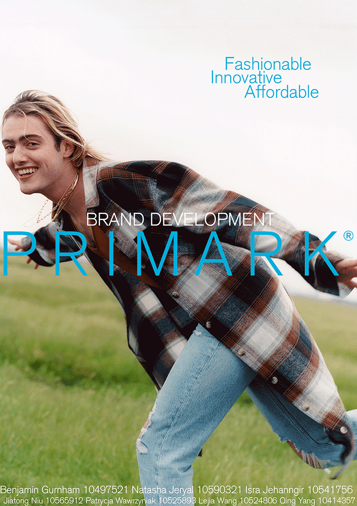 A Primark brand development image with a person in a green grass field wearing a long plaid shirt