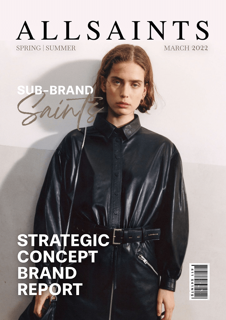 All Saints brand development with a person staring into the camera dressed all in black