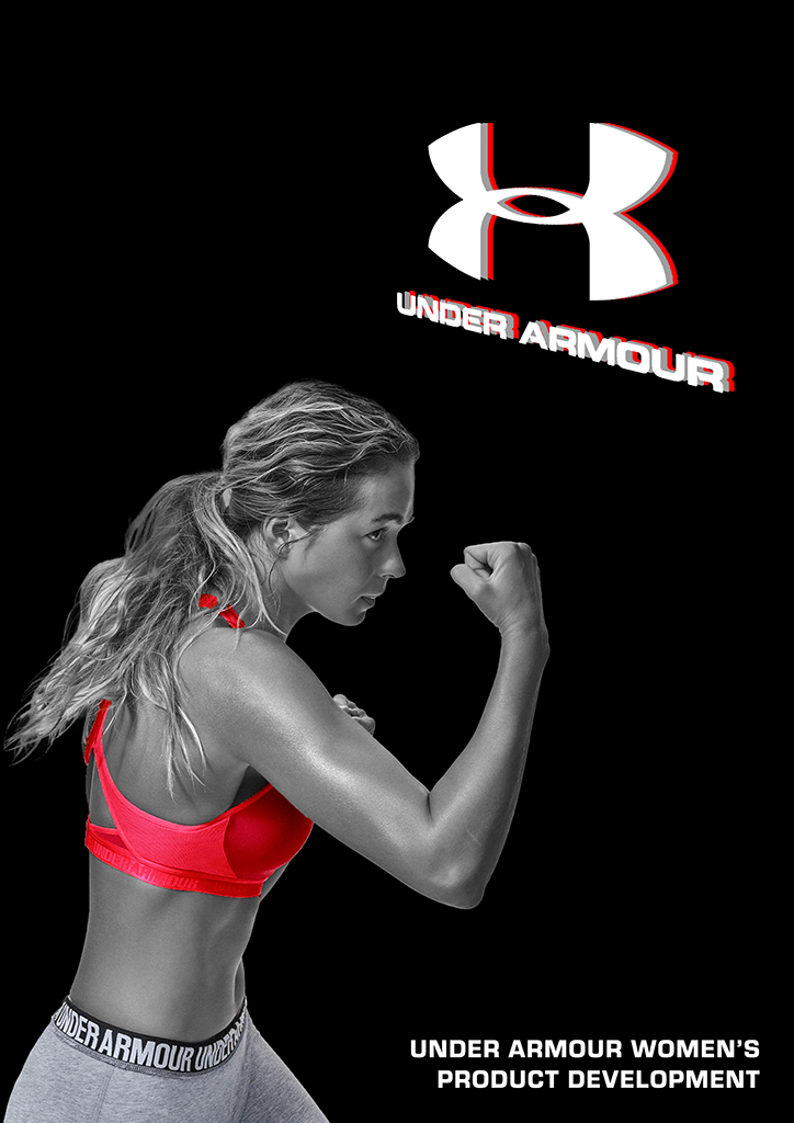Under Armour image with a person in greyscale where their bright pink sports bra is the only colour on the image