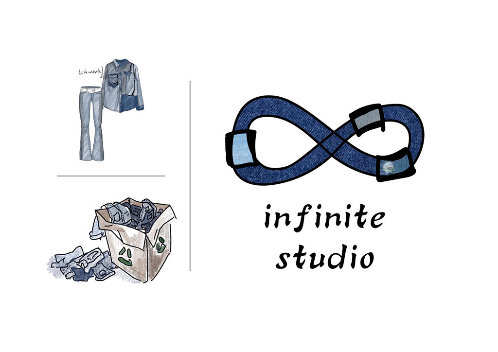 'Infinite studio' written next to an illustrated infinity symbol and a illustration of a denim outfit and box of clothes
