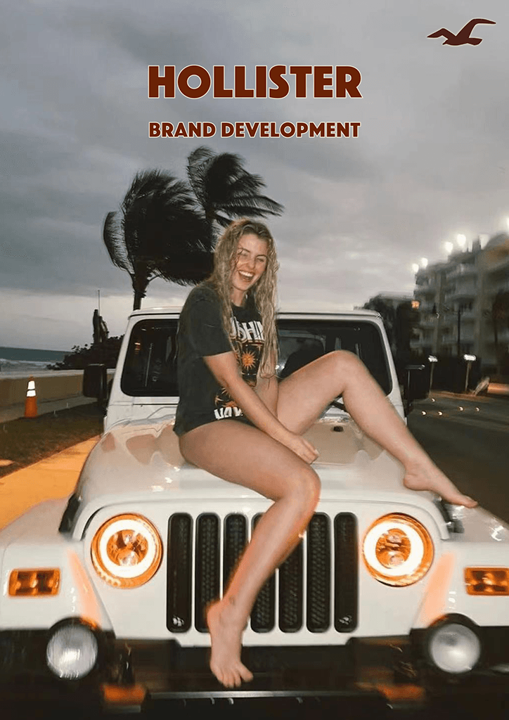 A Hollister brand devlopment image containg a photo of someone sat on a car bonnet with only a tshirt on and bare legs.