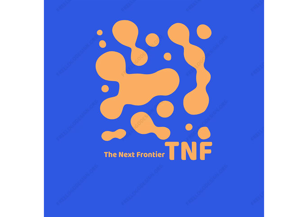 A bright blue image with orange splodge logo and 'The Next Frontier TNF' written on it