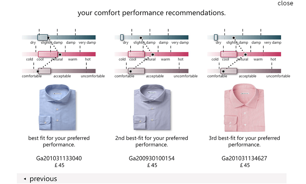 Your comfort performance recommendations, with varying scales of moisture, temperature and comfort level displayed. Three shirts are displayed as best fit, 2nd best fit and 3rd best fit.