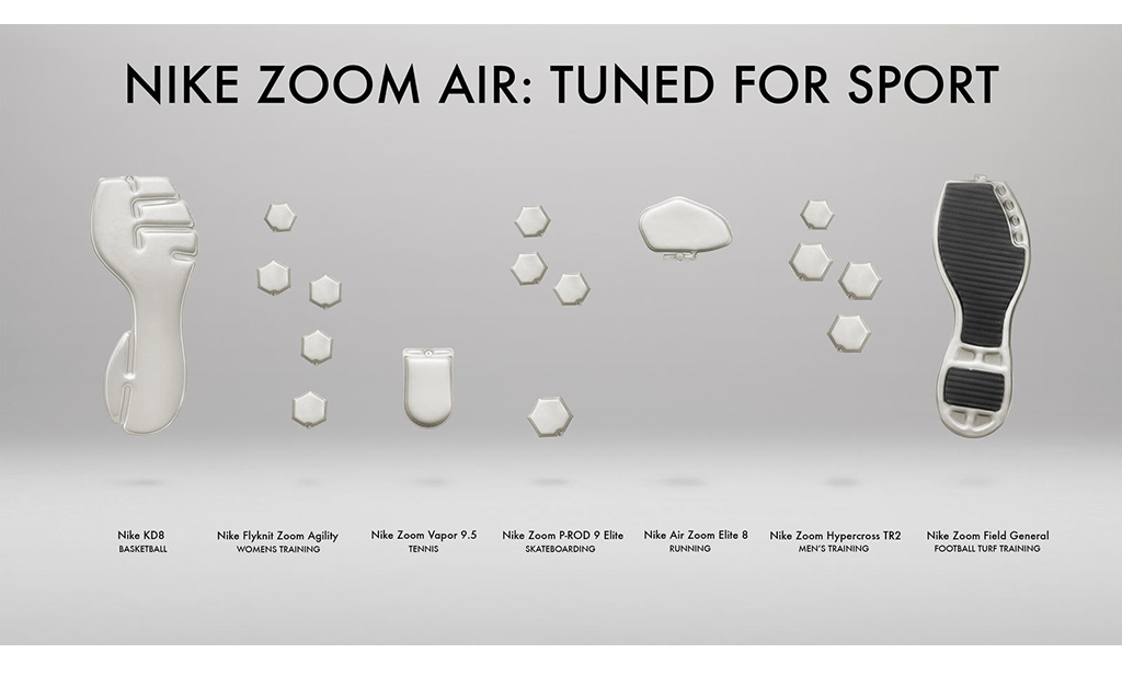 Nike Zoom Air: Tuned for Sport. Including images of the detail of a shoe sole.