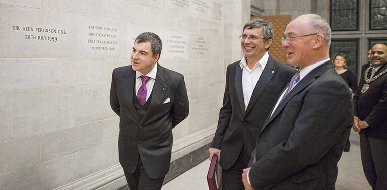 Professor Sirs Andre Geim and Kostya Novoselov being awarded the freedom of the city of Manchester in 2013