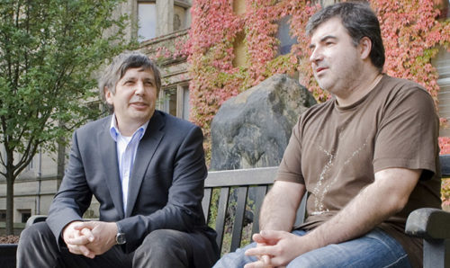 Andre Geim and Kostya Novoselov, pictured in 2010 after the annoucement of their award of the Nobel Prize for Physics