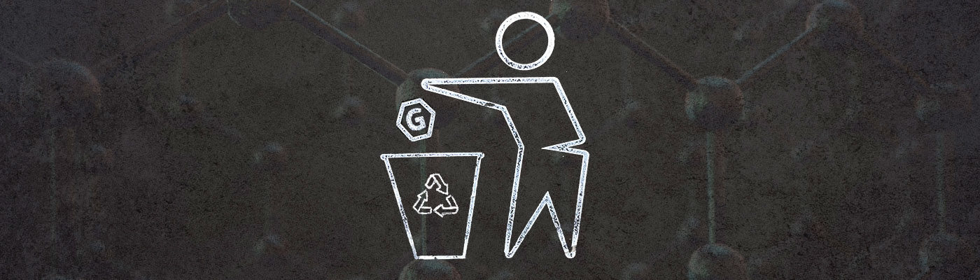 Illustration of a chalk figure throwing a graphene 'G' into a recycling bin