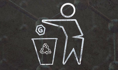 Illustration of a chalk figure throwing a graphene 'G' into a recycling bin
