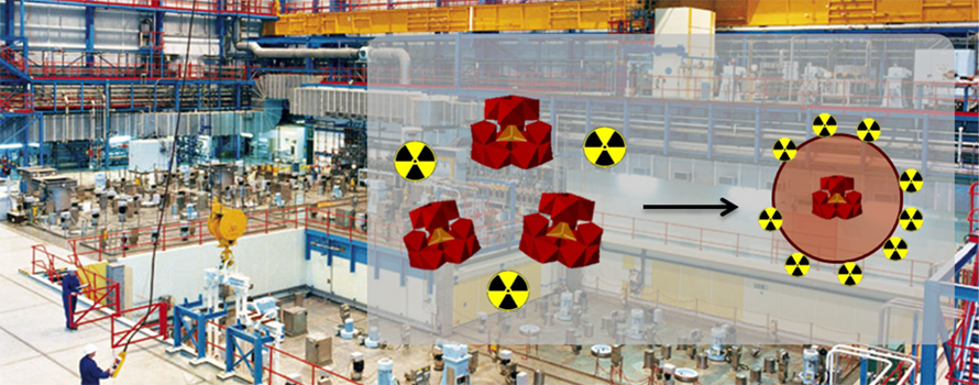 Inside the Enhanced Actinide Removal Plant at Sellafield. The aggregation of Keggin clusters to form ferrihydrite particles is superimposed.