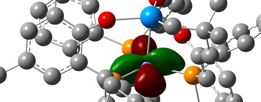 The calculated electron distribution in one of the molecular orbitals of a bimetallic nickel-uranium complex