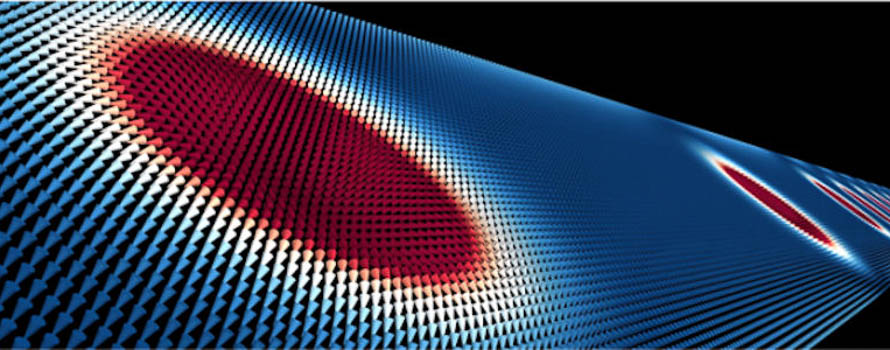 A visualisation of a nanoscale chiral skyrmion in a magnetic thin film, with small cones indicating the spin directions