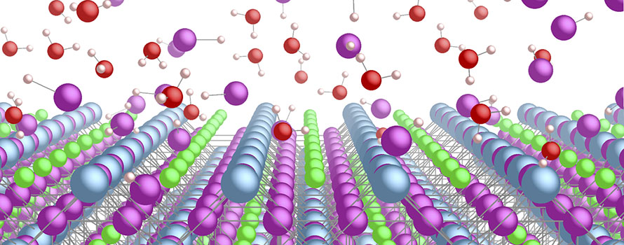 Graphical representation of water molecules hitting a perovskite surface