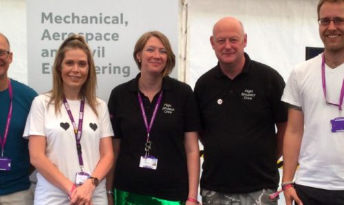 Women in engineering: Natalie Parish (centre) with MACE SR and flight sim team at Bluedot Festival