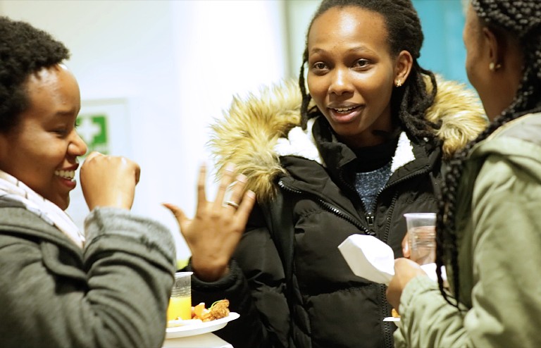 Celebrating women in engineering event - attendees chatting in George Begg building foyer