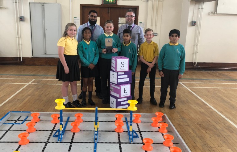 Pupils and teachers at the Vex robotics workshop