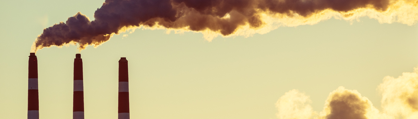 Smoke and steam billows from power plant smoke stacks in early morning light.