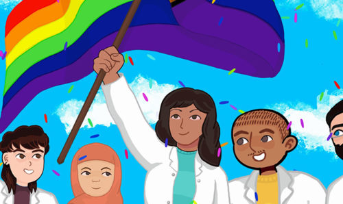 Animated drawing of scientists and a rainbow flag