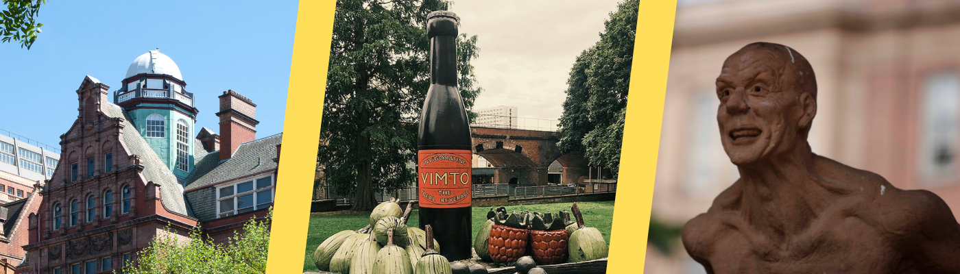 Godlee Observatory, Vimto bottle, and Archimedes statue