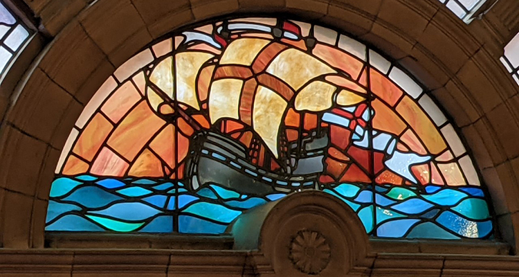 Stained glass ship in Sackville Street Building