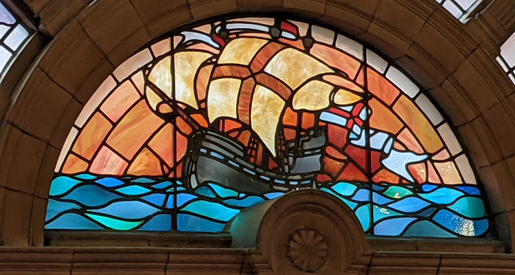 Stained glass ship in Sackville Street Building