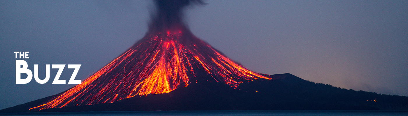 Erupting volcano and The Buzz logo