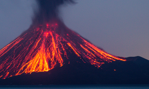 Erupting volcano and The Buzz logo