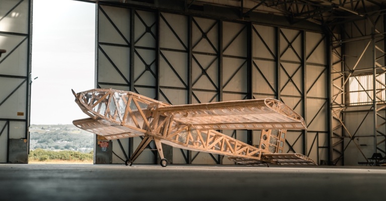 The foamboard plane sits inside the hangar at Snowdonia Flight School.