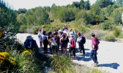 Students standing outside on a track in the countryside in a group.