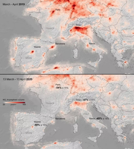 Figure 1 shows the difference in NO2 in Europe between 2019 and 2020 (image from space.com)